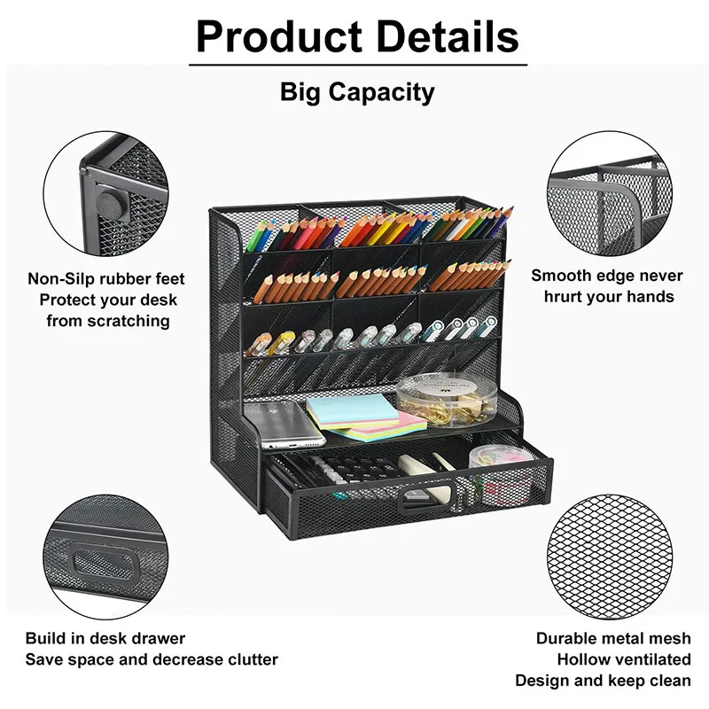 

Mesh Desk with Drawer Storage Rack Pen Holder, for School Home Office