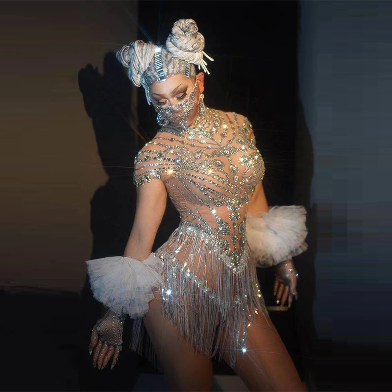 

Блестящие стразы, платье с кисточками, хрустальные перчатки, сексуальные вечерние сетчатые платья для сцены, дизайнерские платья для ночно...