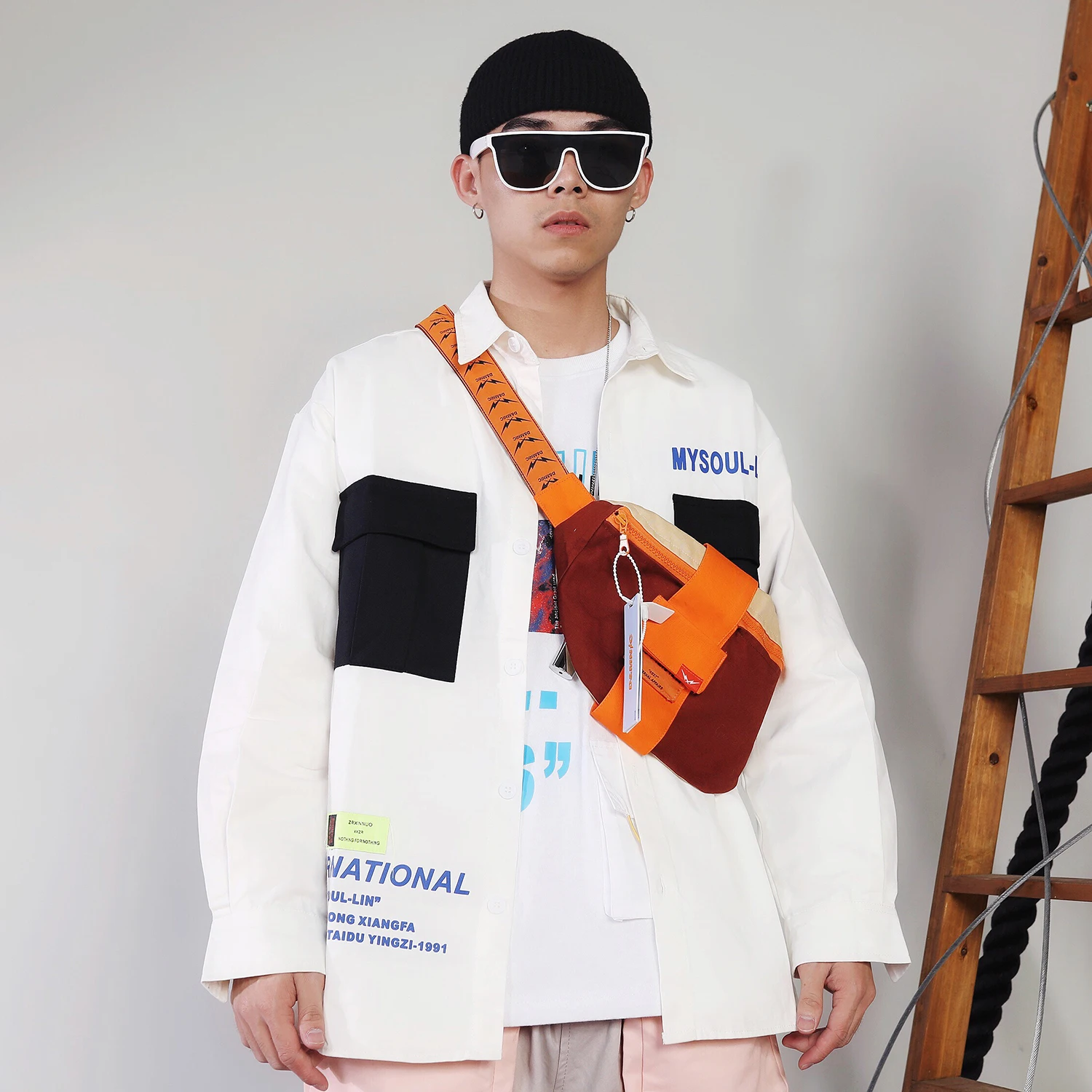 Лоскутные карманы с буквенным принтом Мужские рубашки хип-хоп мода Harajuku