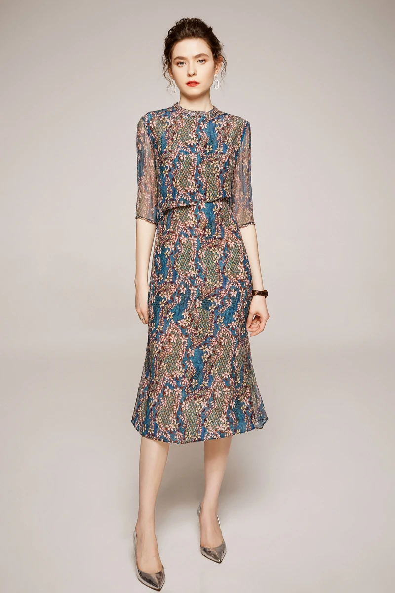 Женские модельные платья из 100% шелка модные летние с круглым вырезом и рукавом 3/4