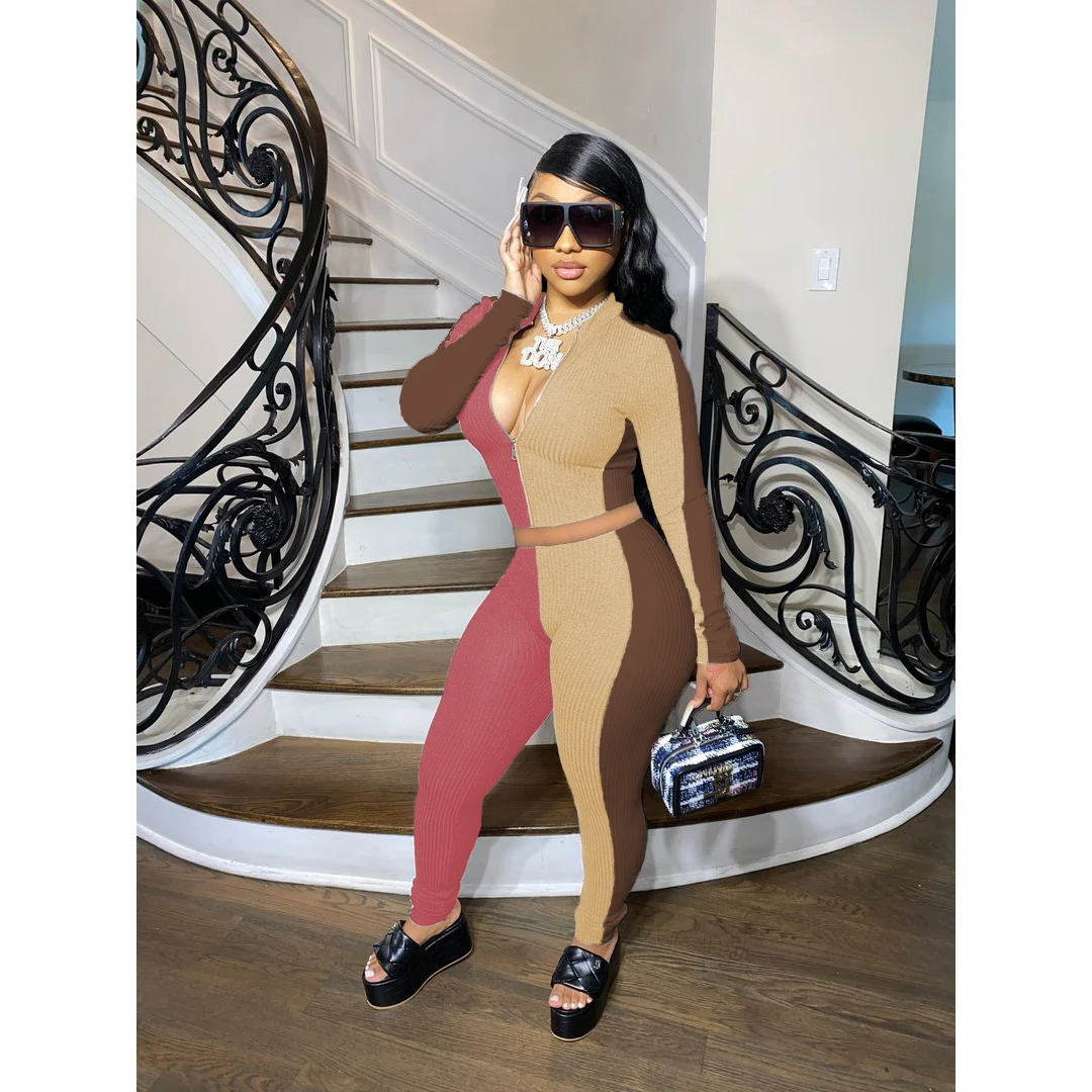 

Color Match Two Piece Sets Women Streetwear Workout Turtleneck Zipper Top And Bandage Pants Active Casual Tracksuits