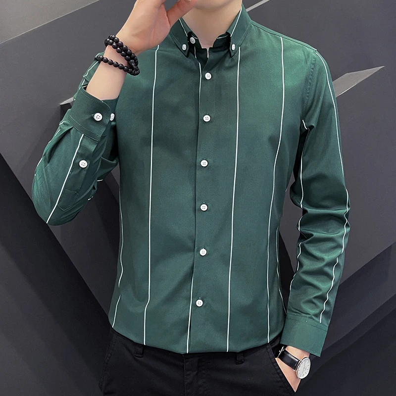 

Casual 2021 Spring Summer Fashion Striped Print Shirts Vintage Men Long Sleeve Lapel Button Shirt Business Male Tops Streetwear