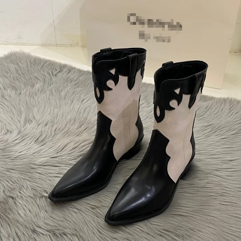 

Women Western Cowboy Boots 2021 Spring Autumn Patchwork Pointed Toe Mid-Calf Boots Designer Lady Thick Heel Chelsea Boots
