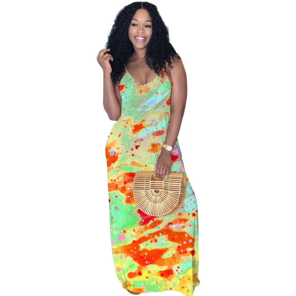 

2020 Summer Women's Dress European and American Hot Style Model Tie-dye Print Spaghetti Strap V-neck Loose Maxi Dress