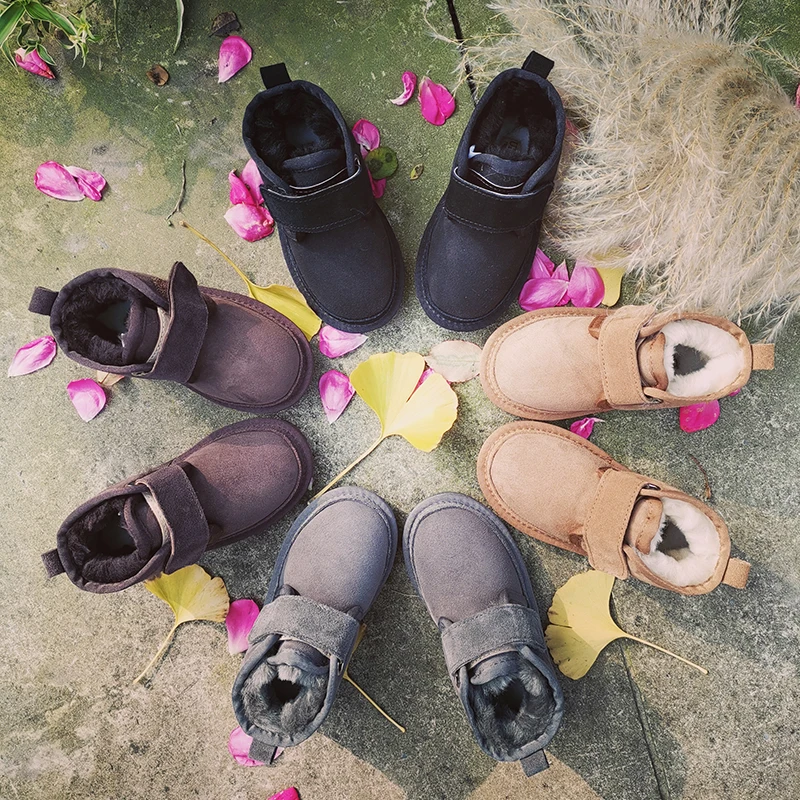 

Snow Boots Children Winter Kids Australian Fur Natural Wool Sheepskin integration Warm Velcro Shoes Hook & Loop Boys and Girls