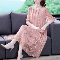 2022 casual pink floral embroidery mulberry silk midi dress summer vintage loose 5xl dress elegant women party vestido