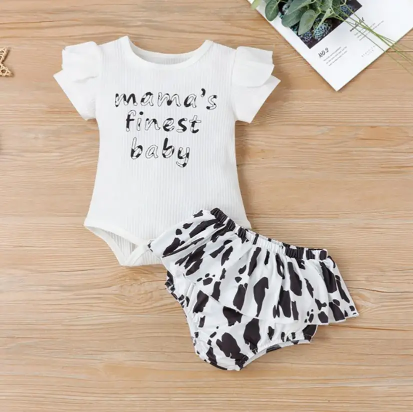 

Одежда для новорожденных, комплекты детской одежды с принтом с буквами с короткими рукавами вязаный детский костюм с оборками и шорты, летн...