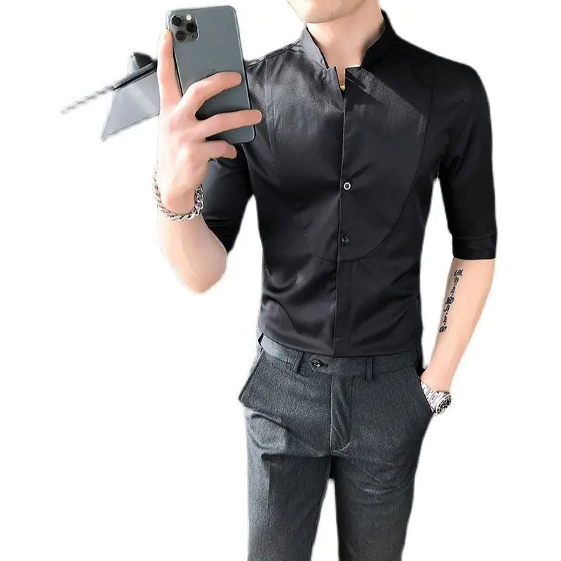 Men Shirts Social Boys Slim Summer Printed And Embroidered Short-sleeved For Solid Color Fashion Surprise Price | Мужская одежда