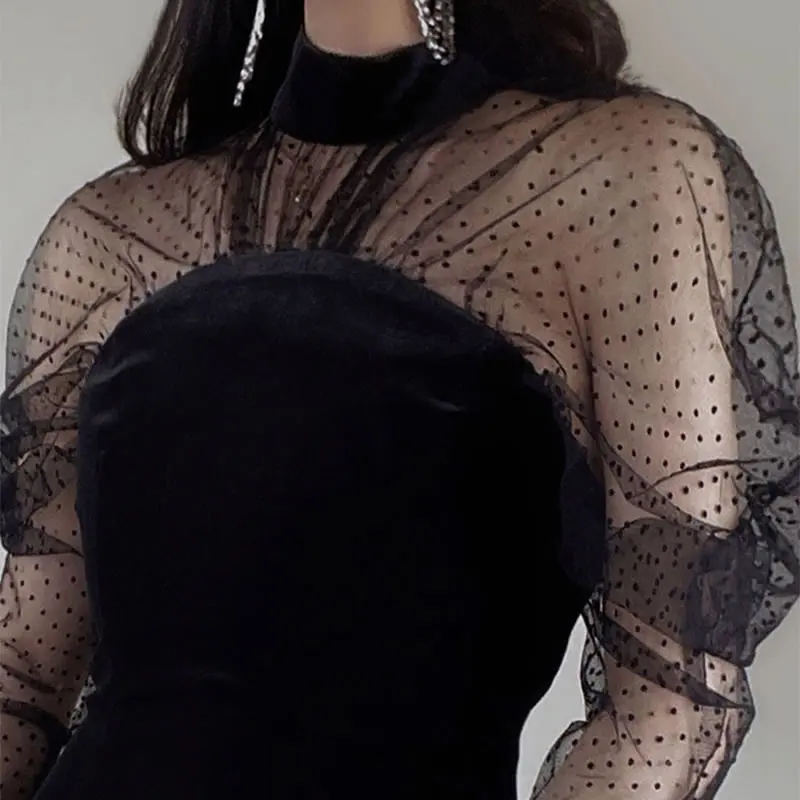 

XITAO Dot Stand Collar Dresses Mesh Puff Sleeve Sheath Patchwork 2021 Summer New Arrival Fashion Sexy Pleated Zipper WMD0344