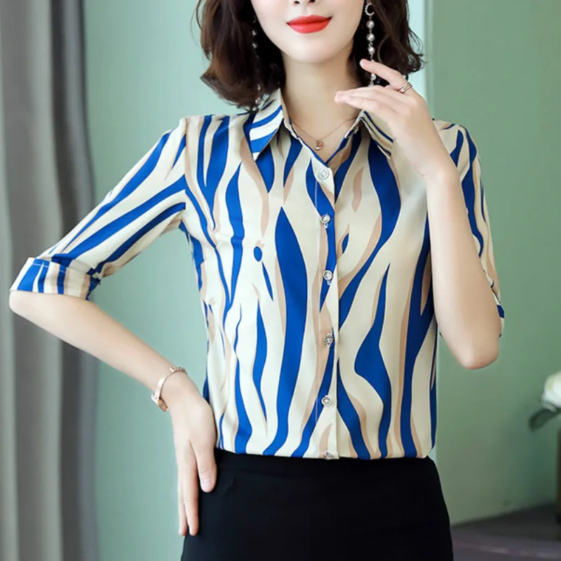 Blusas Mujer De Moda милая шифоновая блузка в синюю и красную полоску с принтом зебры