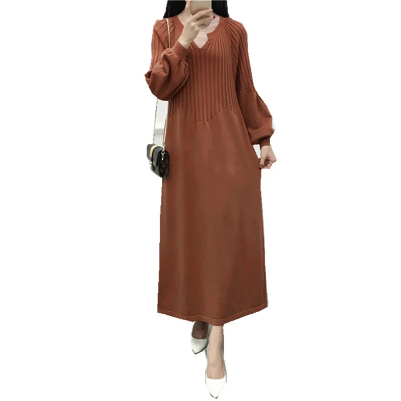 Корейский стиль осень и зима большой размер длинный толстый свитер платье с v