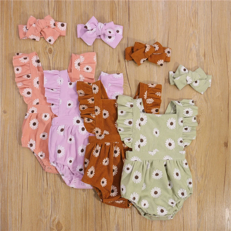 

2pcs 0-2Years Newborn Baby Girls Summer Cotton Clothes Sets,Summer Cool Sweet Cute Daisy Printing Fly Sleeve Romper+Headwear Set