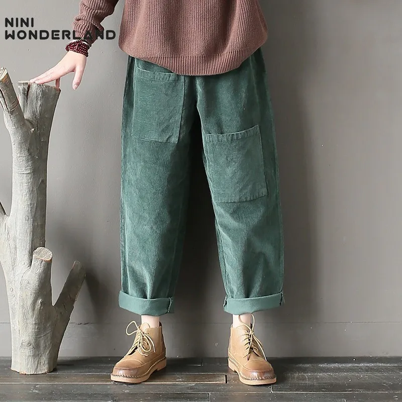 NINI WONDERLAND, весенние вельветовые штаны для женщин, одноцветные классические брюки, женские свободные повседневные шаровары, Осенние штаны, большой размер