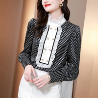 autumn turtleneck ruffles dress shirts chiffon straight office lady work wear bottom clothes and tops black white patchwork