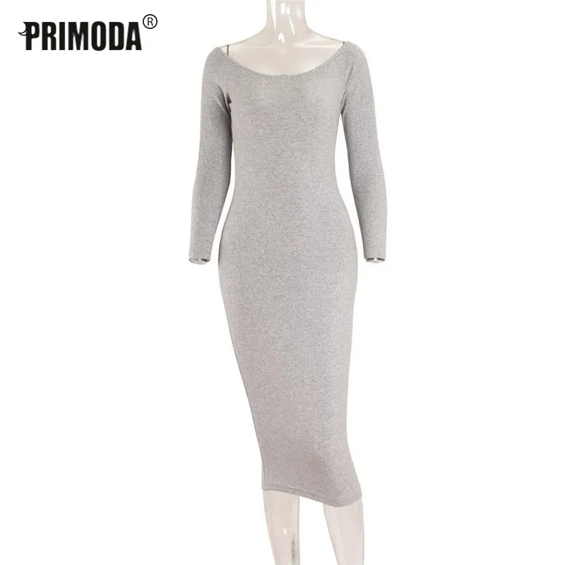 Новое Осеннее серое платье миди с открытыми плечами для женщин вырезом лодочкой