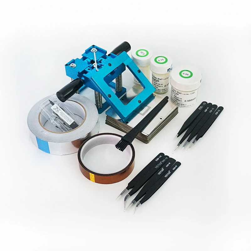 

90MM BGA Reballing Station 230pcs Stencils Template Holder Foxture Jig 250K Leaded solder ball ESD tweezers tape Vacuum pen