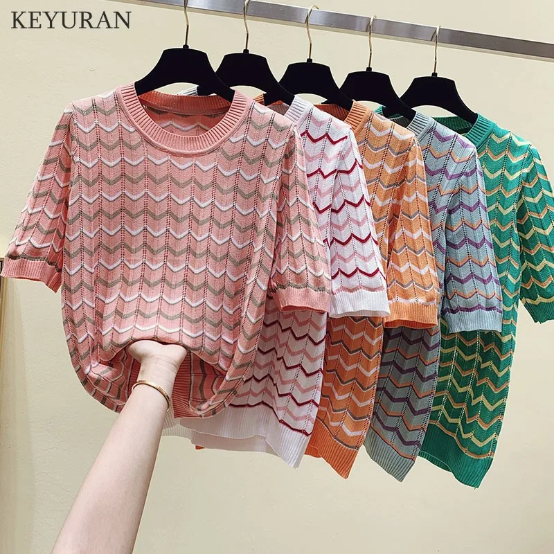 

Women Summer Thin Knitted T-Shirt Female Casual Hollow Out Stripe Knitwear Short Sleeve Tops Women Fashion O-Neck Tees Female