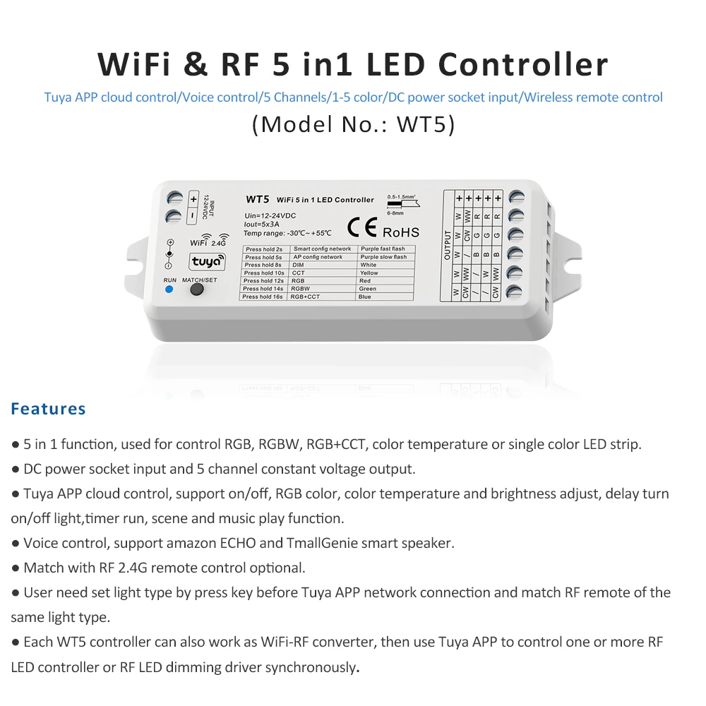 4-зонный пульт управления светодиодной лентой WT5 12 В 24 WIFI + 2 4G RF RGB CCT RGBW RGBCCT |