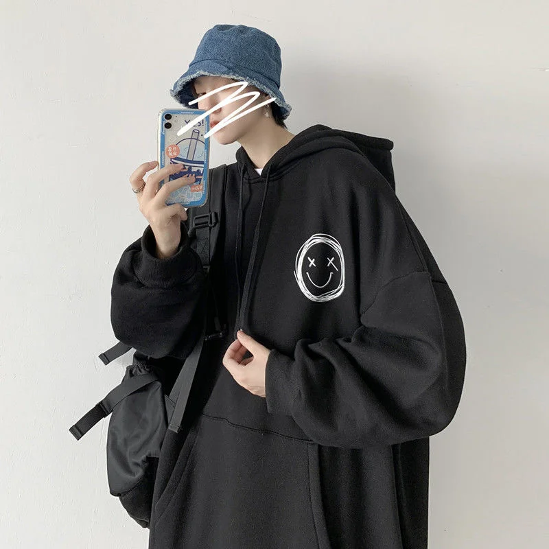 

Hybskr Smile Face Graphic Oversize Men Hoodie Korean Style Harajuku Fashion Male Hooded Sweatshirt Loose Casual Men's Clothing