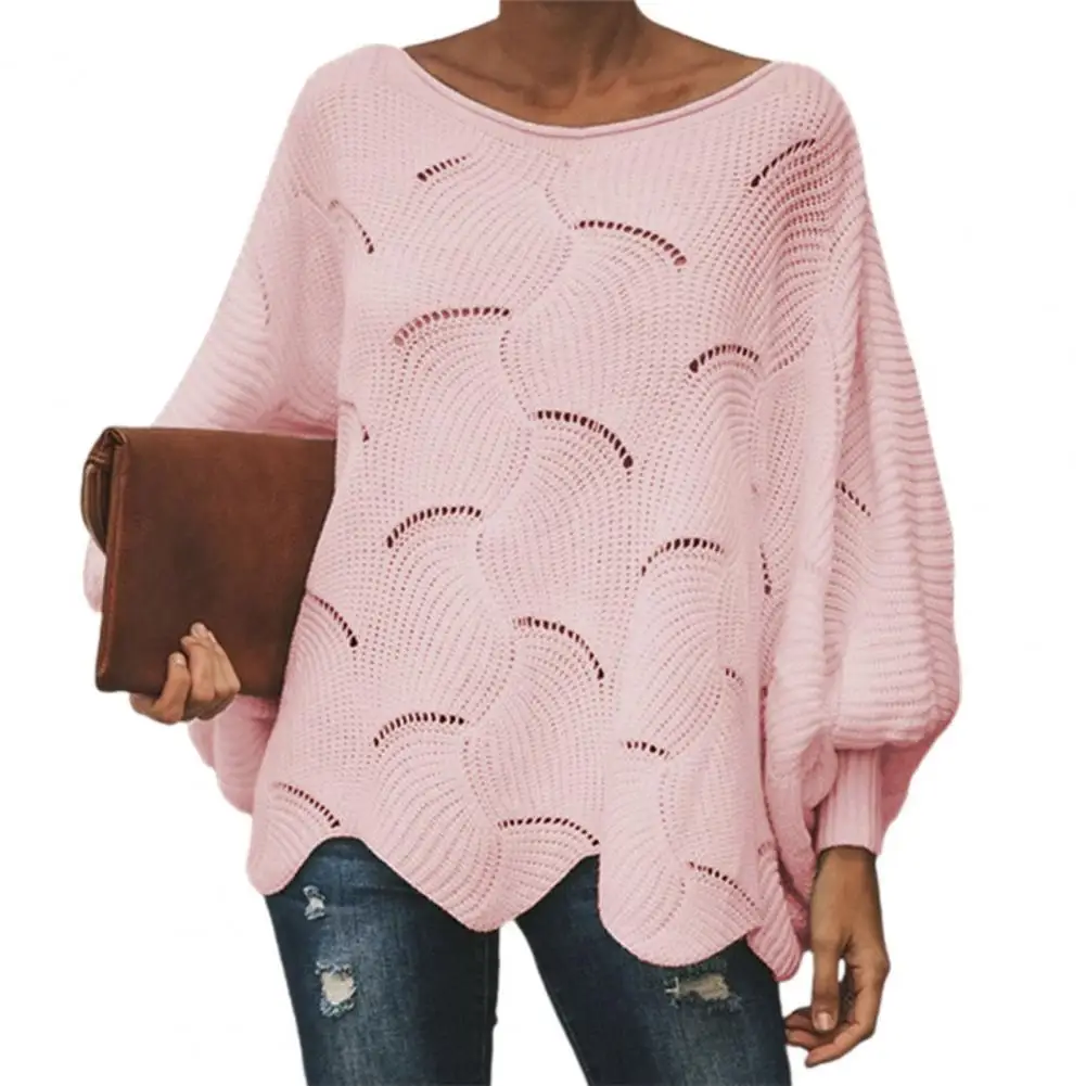 

Autumn Women Thin Sweater Pullover Solid Color Batwing Sleeve Knitwear Flower Edge Hem Hollow O-Neck Long Sleeve Jumpers Sweater