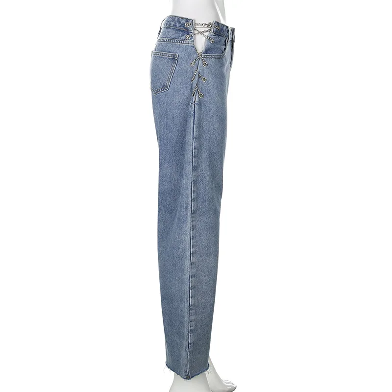 

Side Cross Chain Hollow Out Wide-leg Women's Jeans High Waist Pants Sexy Elegant Ladies Europe Fashion Jeans