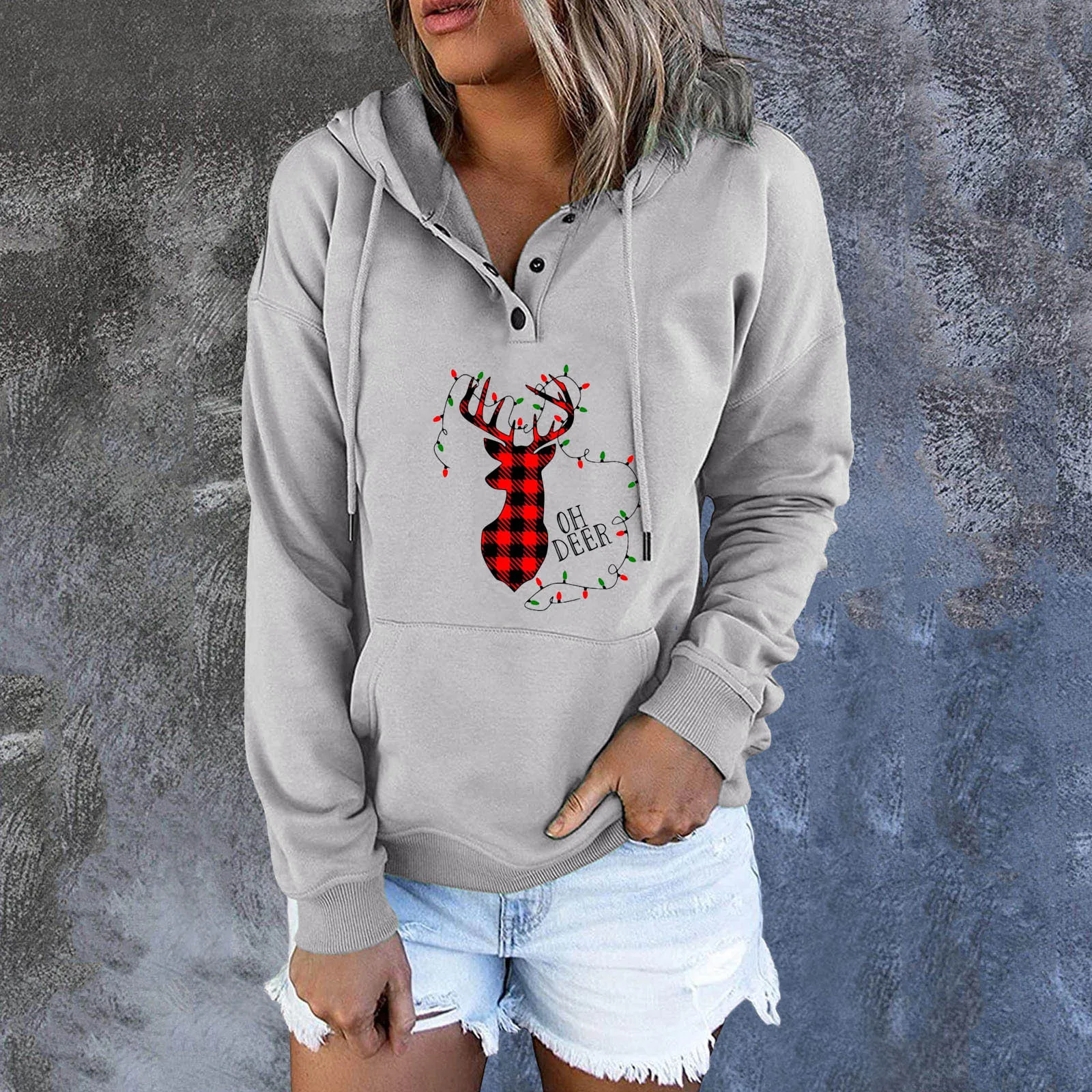 

Женские повседневные пуговица с рождественским принтом, пуловера с капюшоном, свитшоты с длинным рукавом и кулиской