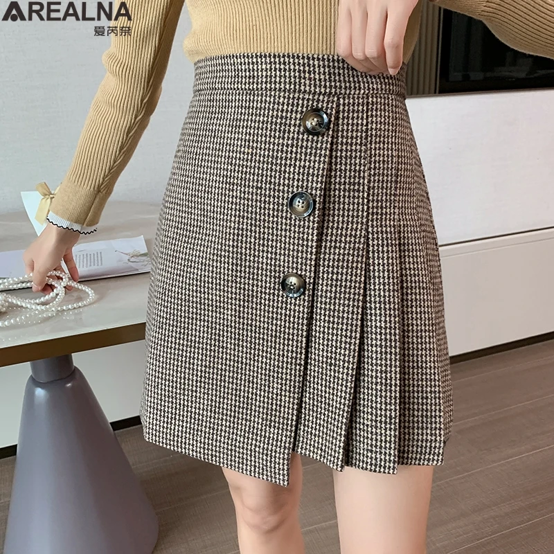 

Vintage Plaid Tweed Skirts Thicken Women 2020 Winter Elegant pleated Mini sexy woman skirts High Waist Female A-line Short Skirt