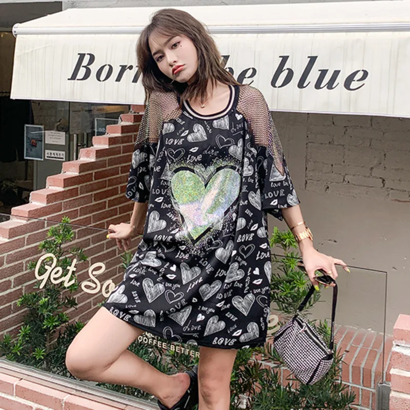 

Vefadisa Fashion New Diamonds Love Pattern T-shirt Women 2021 Summer Off Shoulder Top Patchwork Short Sleeve T-shirt QYF5666