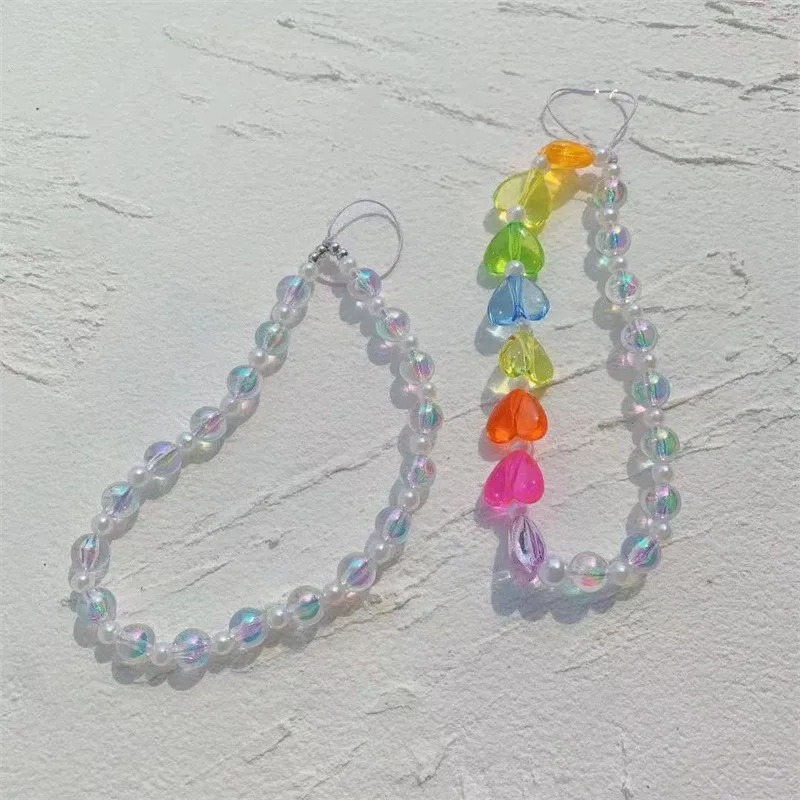 

New White Transparent Acrylic Beads Mobile Phone Lanyard Cute Colorful Heart Beaded Phone Chain for Women Jewelry Accessories