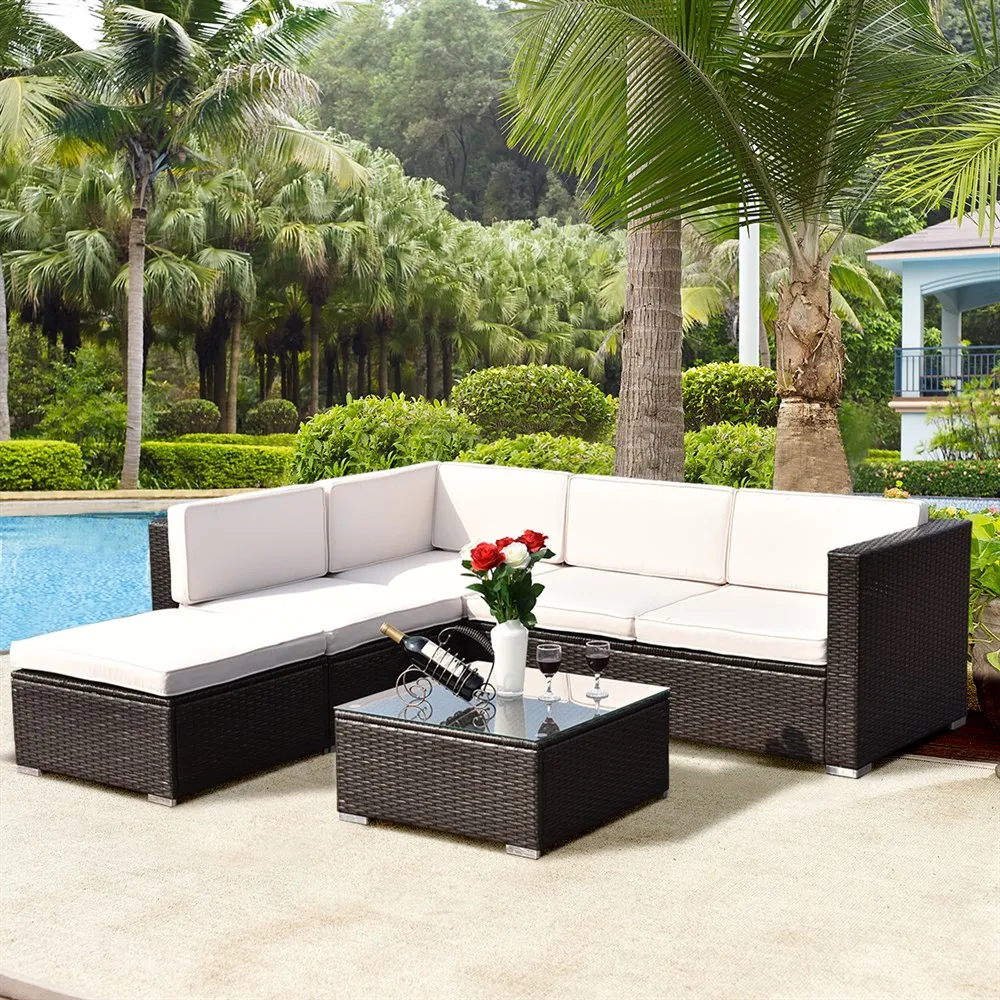 

Costway 4 PCS Outdoor Patio Rattan Wicker Furniture Set Cushioned Yard Garden HW63878+