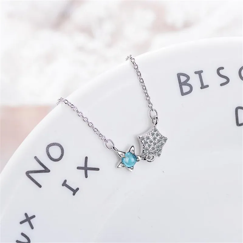 

Creative Fashion New Blue Gradient Crystal 925 Sterling Silver Jewelry Personality Double Star Pendant Necklaces H391