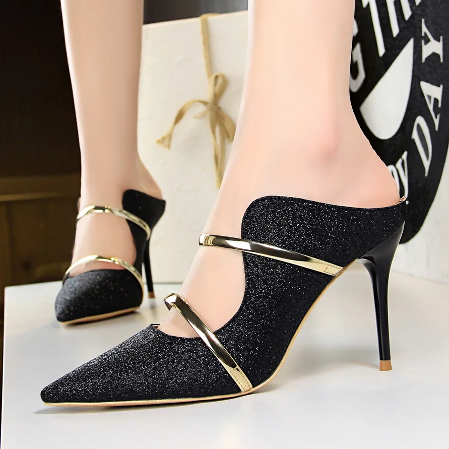 

Women Pumps Sexy Women High Heel Slippers 2018 New Sequined Cloth Shallow Ladies High-heeled Sandals Fashion Wedding Party Shoes