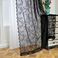 korean solid black sheer curtains for living room bedroom premium black floral lace window drapes for cafe beauty salon shops