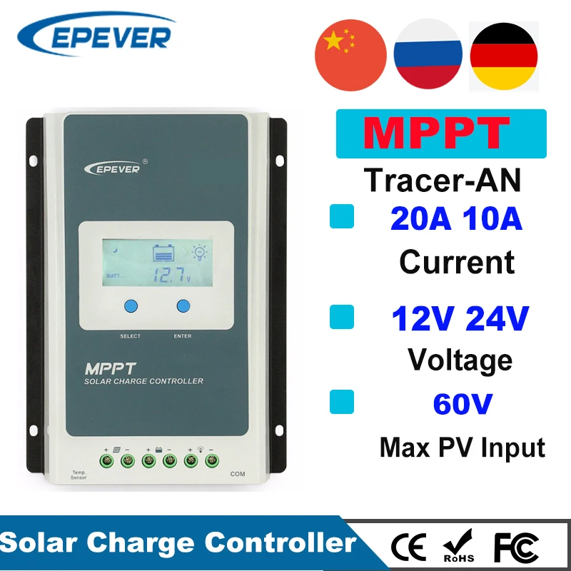 EPever MPPT 20A 10A Солнечный контроллер 12V 24V задний светильник LCD регулятор для макс 60V