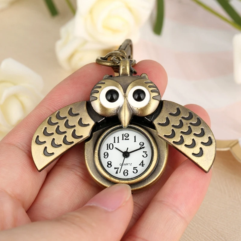 Симпатичные Бронзовые Брелоки сова карманные часы брелок золотые брелки чехол с