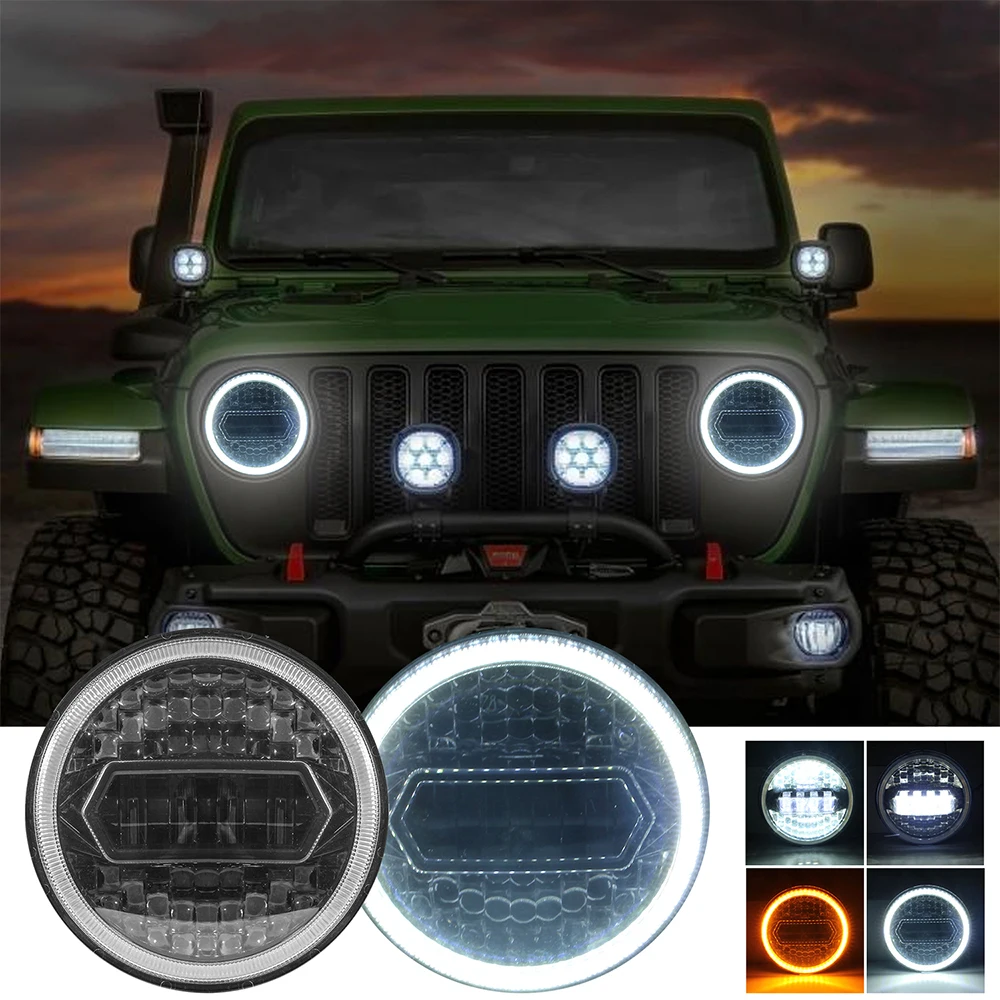 7 inch Round LED Headlight Hi/Low Beam Halo Angle Eyes 6000K Headlamp with H4 to H13 Adaptor for Jeep 97-2017 Wrangler JK TJ