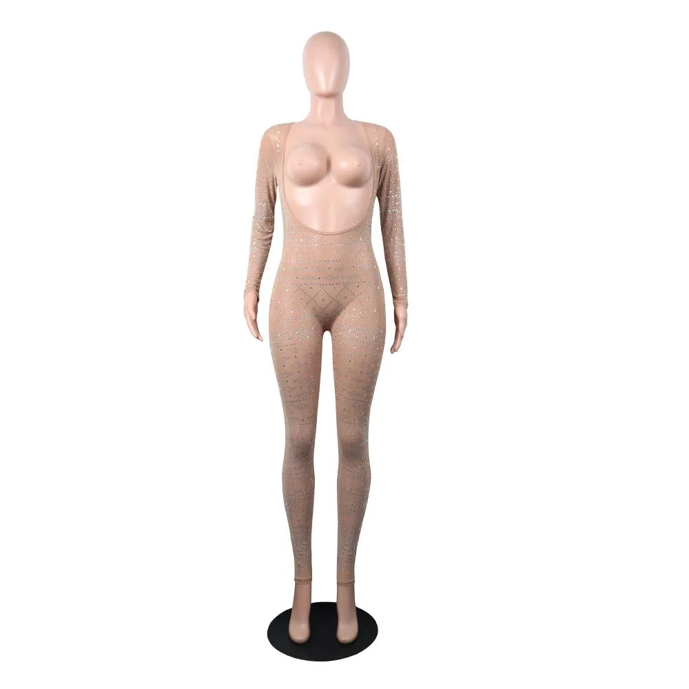 Nude Сексуальный Модный женский комбинезон, стразы, шипованные, украшенные сеткой, блеск, кристалл, цельный комбинезон, комбинезон, вечерние, трендовые наряды - Цвет: Nude