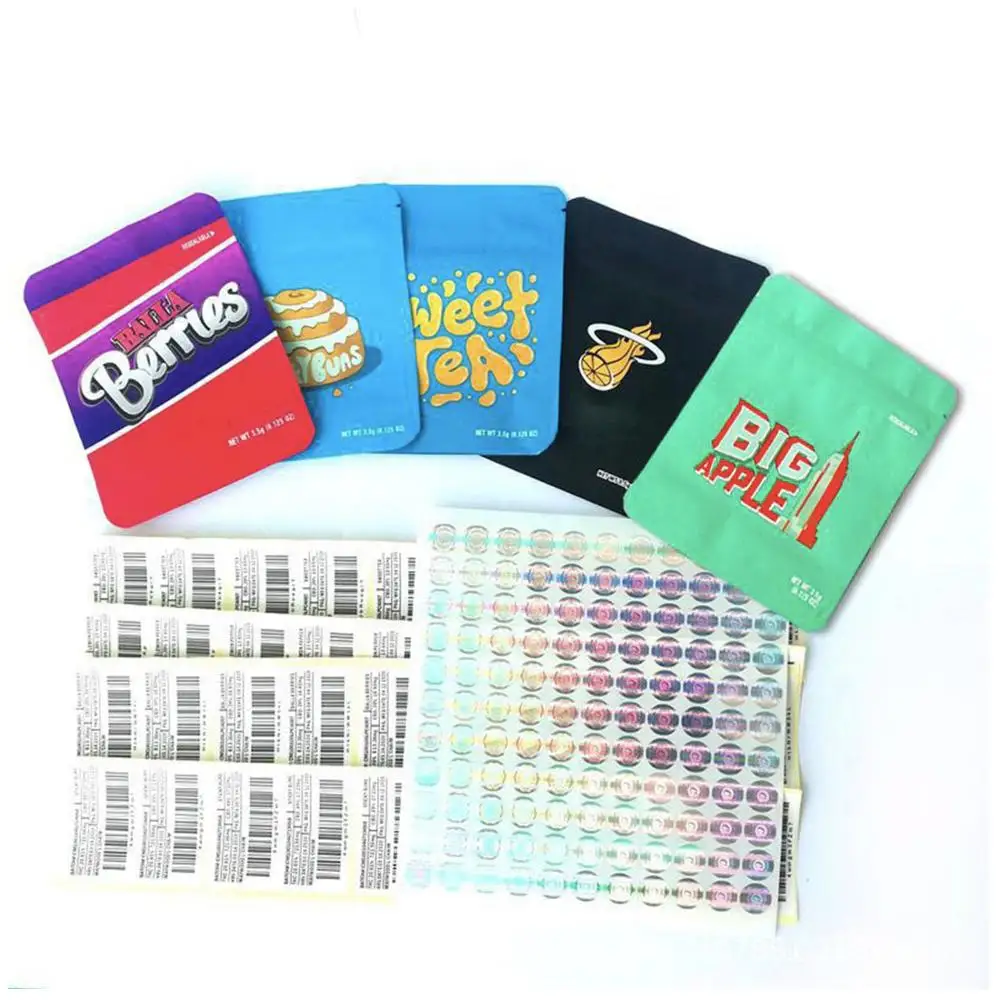 

Cookies Sweet Tea Mylar Bags 3.5g Smellproof Ziplock Resealable Heatseal Bags with Holo Stickers and Labels