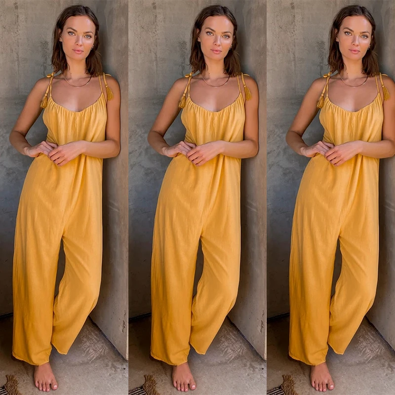 

Solid Yellow Lace Up Sleeveless Women Jumpsuit Casual Bandage Loose High Waist Female Streetwear Summer Jumpsuit 2021