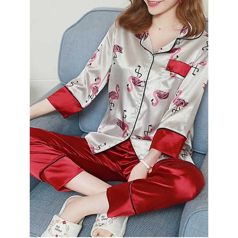 Пижамный комплект из искусственного атласа и шелка с фламинго для женщин