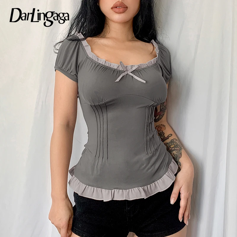 

Darlingaga Short Sleeve Frills Sweet Bow Bodycon Women's T-shirts Harajuku Ruffles Cropped Tops Tee Chic Summer T shirt Y2K New