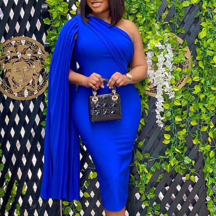 

Women Party Dress Blue Elegant Celebrity Sexy One Shoulder Ruched Ribbon Plus Size Red Dinner Date Out Night Dresses XL