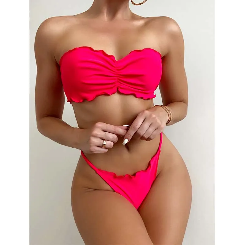 

Pleated Bikinis Ruffle Bikini Set women's swimsuits Off Shoulder swimsuit women 2 pieces Thong Swimwear Biquini Bathing Suit