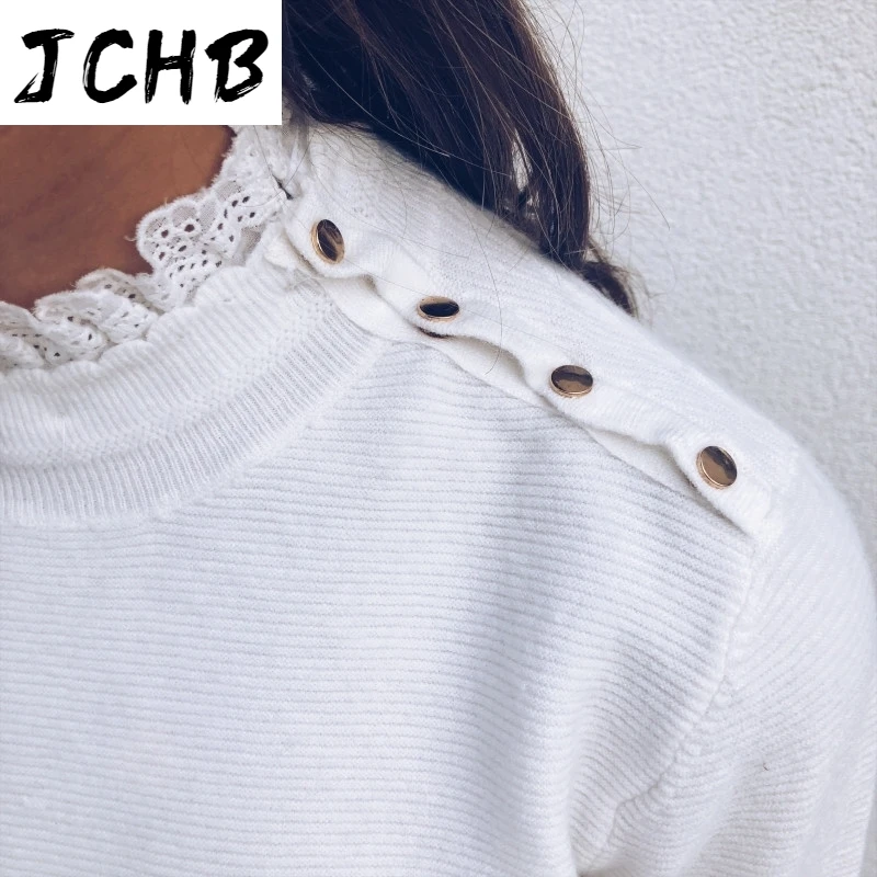 

Patchwork Lace Ruffles O Neck Shoulder Buckle Elegant Pullover Autumn Winter Knit Sweater Women Grey White Casual Tops Female