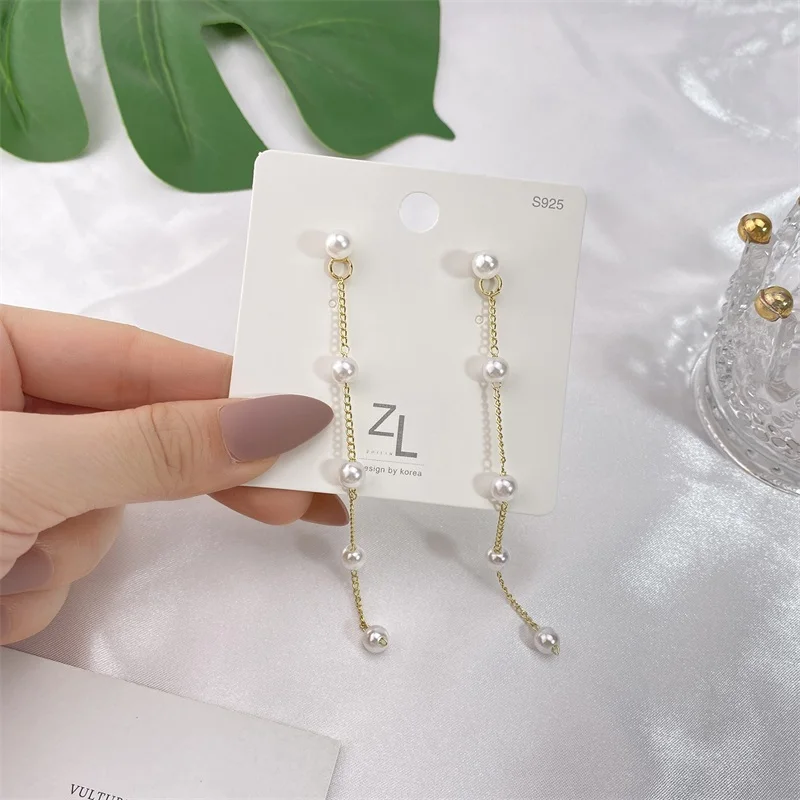 

2021 New Trend Simulated Pearl Women's Long Earrings White Round Pearl Wedding Pendant Earrings Korean Fashion Jewelry Earrings