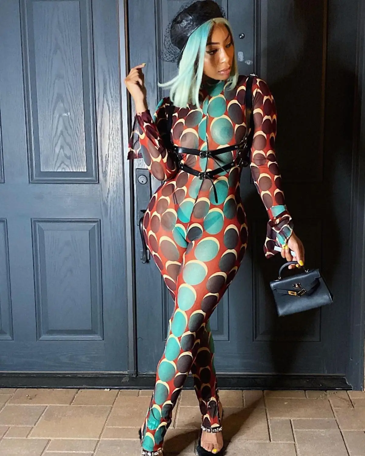 

Buuuu Sexy Print Mesh Skinny Long Pants Jumpsuit Women Ruffles Sleeve Bodycon Push Up Fitness Sporty One Pieces Rompers Y2K