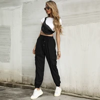 casual women pencil pants solid colors spring autumn fashion black drawstring pocket commute trousers all match straight pants