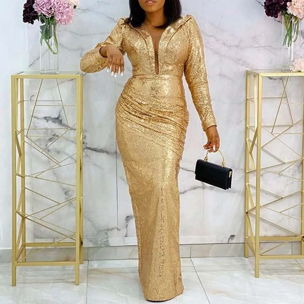 

Evening Celebrity Dresses Long Luxury 2021 Party Gown Golden Sexy V Neck African Fashion Women Autumn Maxi Dress Y2K Christmas