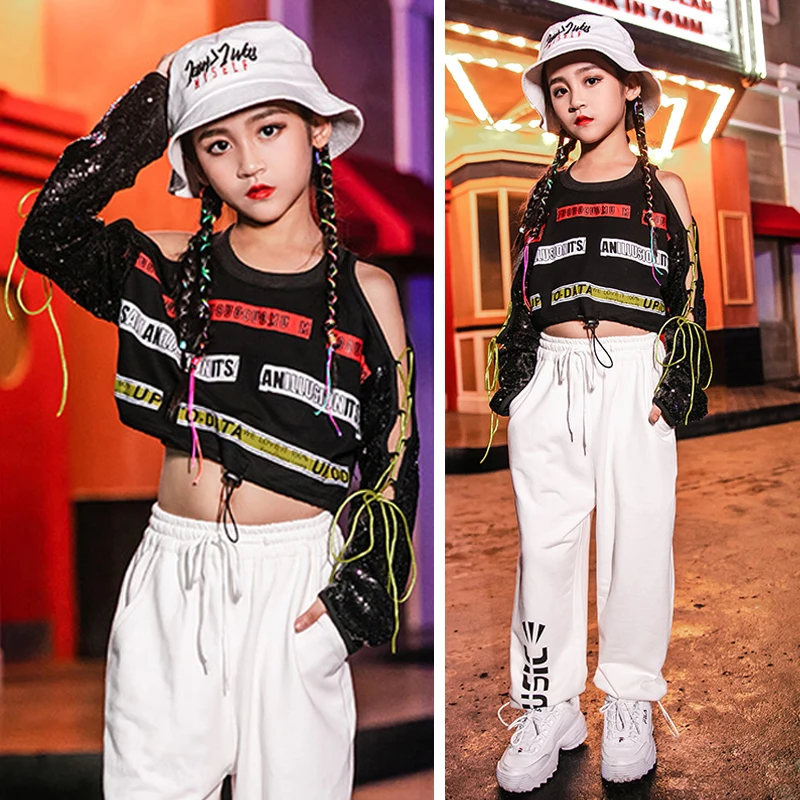 

Hip Hop Dance Clothing Kids White Hip Hop Pants Children Street Clothes Sport Performance Outfit Girl Jazz Dance Costume DB1094
