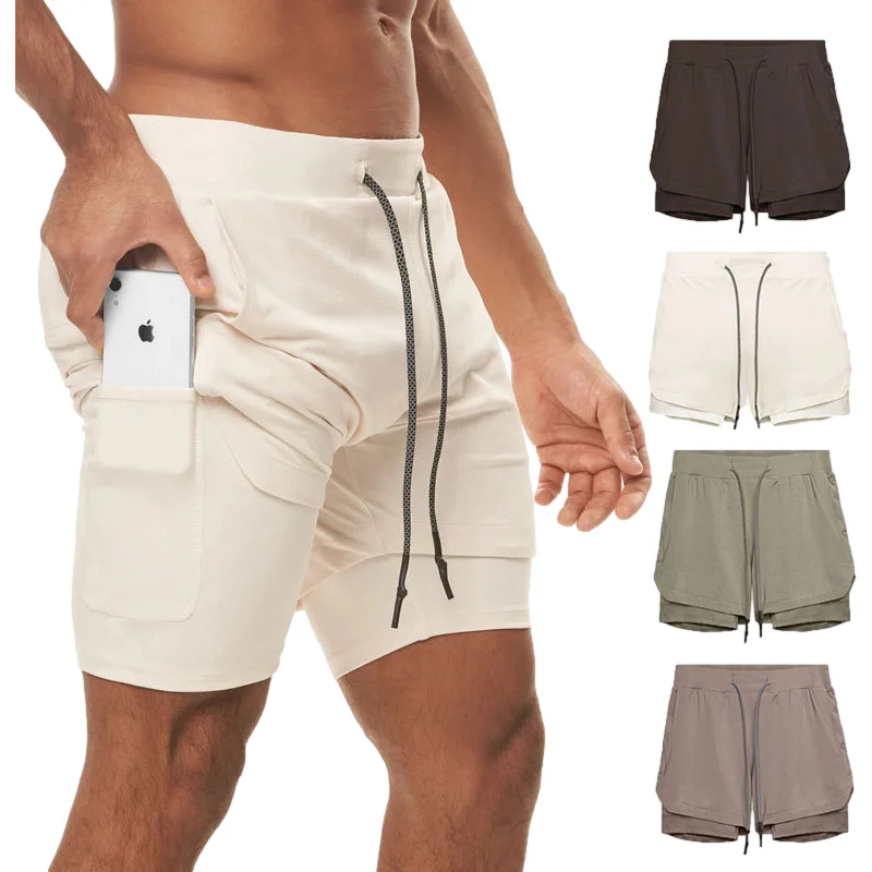 

New Men's Sports Shorts Double-Layer Color-Matching Hanging Towel Fitness Running Breathable Solid Color Five-Point Pants